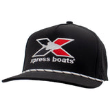 Black cap with a white and black striped rope across the bill, featuring a red, black, and white xpress boats logo on the front.