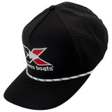 Side of a black cap with a white and black striped rope across the bill, featuring an xpress boats logo on the front.