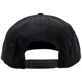 Backside of a black cap with a perforated design and snapback closure.