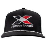 Black cap with a white and black striped rope across the bill, featuring an xpress boats logo on the front.