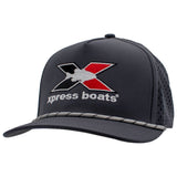 Dark grey cap with a white and black striped rope across the bill, featuring a red, black, and white xpress boats logo on the front.