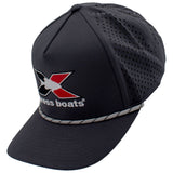 Side of a dark grey cap with a white and black striped rope across the bill, featuring an xpress boats logo on the front.