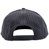 Backside of a dark grey cap with a perforated design and snapback closure.