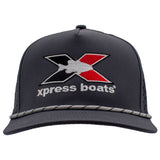 Dark grey cap with a white and black striped rope across the bill, featuring an xpress boats logo on the front.