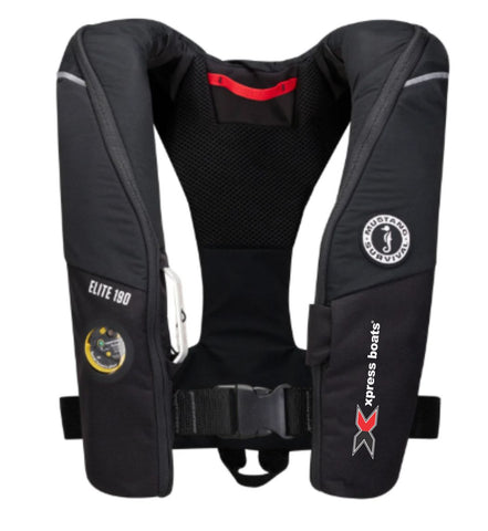 Black inflatable life vest with a front buckle enclosure and the xpress logo printed on the left side. 