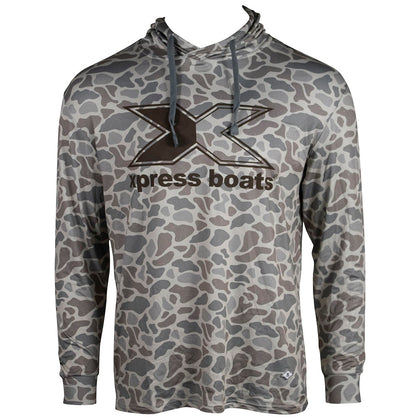 Light grey and brown camo-patterned hoodie with grey drawstrngs and the 'Xpress Boats' logo in brown on the chest. 