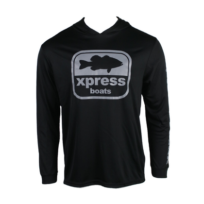 Black long-sleeve hooded shirt with a grey 'xpess boats' logo and fish graphic on the front. 