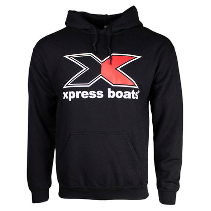 Black hoodie with a red and white 'xpress boats' logo on the front.