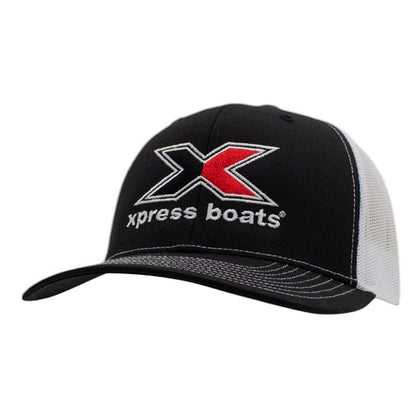Black and white trucker hat with Xpress Boats logo sewn on the front. 