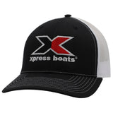 Black and white trucker hat with Xpress Boats logo sewn on the front. 