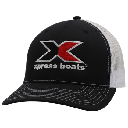 Black and white trucker hat with Xpress Boats logo sewn on the front. 
