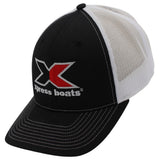 Side of a black and white mesh back cap featuring a logo for 'Xpress Boats'.