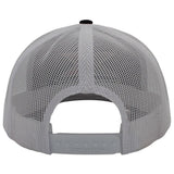 Back view of a white mesh baseball cap with a snapback closure. 