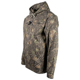 Side of a brown camouflage hoodie with a black Xpress logo on the chest. 