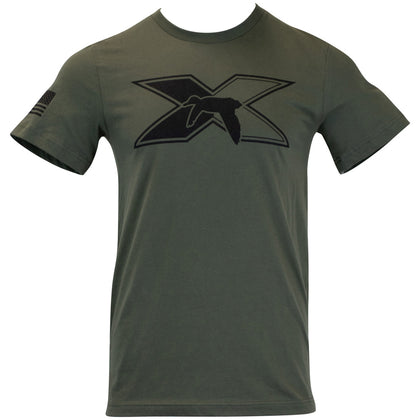 Olive green T-shirt with a large black Xpress Boats logo on the front, including the silhouette of a flying duck. 