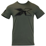 Olive green T-shirt with a large black Xpress Boats logo on the front, including the silhouette of a flying duck. 