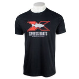 Black t-shirt with a red and grey Xpress Boats fish logo on the chest. 