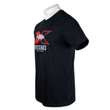 Side of a black t-shirt with a red and grey Xpress Boats fish logo on the chest. 