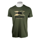 Green t-shirt with a beige and black Xpress Boats fish logo on the chest. 