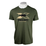 Green t-shirt with a beige and black Xpress Boats fish logo on the chest. 