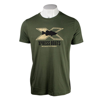 Green t-shirt with a beige and black Xpress Boats fish logo on the chest. 