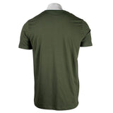 Back of an olive green t-shirt.