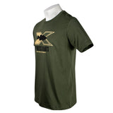 Side of a green t-shirt with a beige and black Xpress Boats fish logo on the chest. 