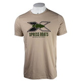 Beige t-shirt with a black and green Xpress Boats fish logo on the chest. 