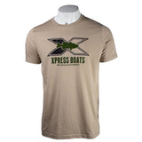 Beige t-shirt with a black and green Xpress Boats fish logo on the chest. 