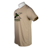 Side of a beige t-shirt with a black and green Xpress Boats fish logo on the chest. 