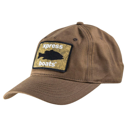 Brown baseball cap featuring a yellow 'xpress boats' patch with a fish design.