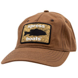 A brown baseball cap featuring a yellow rectangular embroidered patch on the front with a black fish silhouette and the text 'xpress boats'.