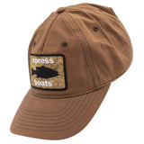 Side of a brown cotton baseball cap featuring a rectangular embroidered patch on the front with a black fish silhouette and the text 'xpress boats'.