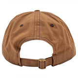 The back view of a brown canvas baseball cap with a matching adjustable strap and a brass-tone buckle, shown on a solid white background.