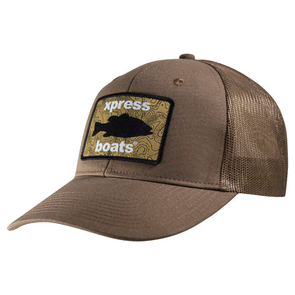 Brown baseball cap with a mesh back and xpress boats logo patch on the front. 