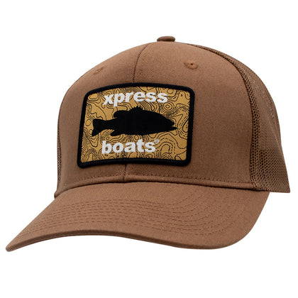 A brown trucker-style baseball cap with a curved brim, featuring a rectangular front patch with a black fish silhouette and the words 'xpress boats' on a yellow topographic-pattern background.