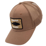 Side of a tan trucker-style baseball cap with a mesh back and a rectangular front patch.