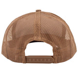 Rear view of a brown mesh trucker cap with an adjustable snapback closure on a white background.