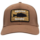 A brown trucker-style cap with a rectangular front patch that reads 'xpress boats' in white over a yellow topographic pattern and a black fish silhouette.
