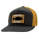 Grey and yellow trucker cap with a yellow and black patch on the front.