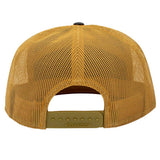 Rear view of a Richardson trucker hat in a mustard yellow mesh fabric with a matching yellow adjustable strap.