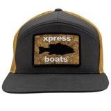 Front of a grey and yellow trucker cap with a yellow and black patch on the front containing a black fish silhouette and the xpress boats logo.