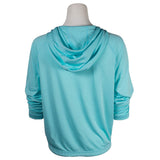 A women's teal athletic hoodie is shown from the back with the sleeves rolled up.