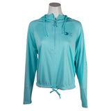 The front of a light teal ladies athletic half zip. The hood and waist feature strings to adjust the fit, and the left chest has a printed Xpress 'X' logo in dark teal.