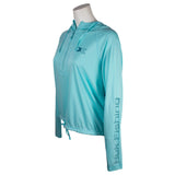 A ladies teal heather athletic half-zip is shown from the side, showing a 'Huk Fishing' print in dark teal down the left sleeve. 