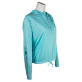 A ladies teal heather athletic half-zip is shown from the side, showing a 'xpress boats' print in dark teal down the right sleeve. 