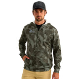 A man wearing a black digital camo printed hoodie with a half-zip front and a grey xpress logo on the right chest.