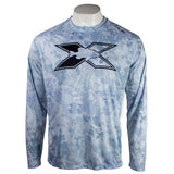 Light blue long-sleeve shirt with a camouflage pattern and a black xpress fish logo on the chest. 