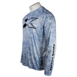 Side of a light blue long-sleeve shirt with a camouflage pattern and a black xpress  logo down the sleeve.