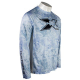 Side of a light blue long-sleeve shirt with a camouflage pattern and a black huk fishing logo down the sleeve.